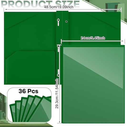 Henoyso 36 Pcs Plastic Folder with Clear Front Pocket and 3 Prong Plastic Folders with Card Slot Pocket Folders with Prongs for School Office (Dark Green)