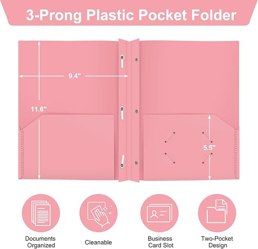 ViVin 12-Pack Durable 3-Prong Plastic Folder, Heavy Duty Pocket Folder with Brads, Pastel Color, Letter Size Poly Folders with 2 Pockets, Cute Folders for Kids, Students, Teachers and Officer (Pink)