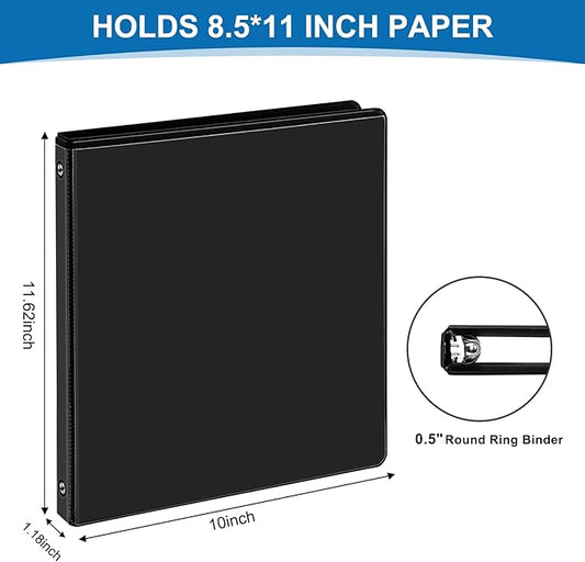 0.5-inch 3-Ring Binder, 1/2 Inch Round Ring Binder with 2 Inside Pockets, 12 Pack Black Binders, Clear View Cover Binders Holds 8.5'' x 11''Paper for Office/Home/Back to School