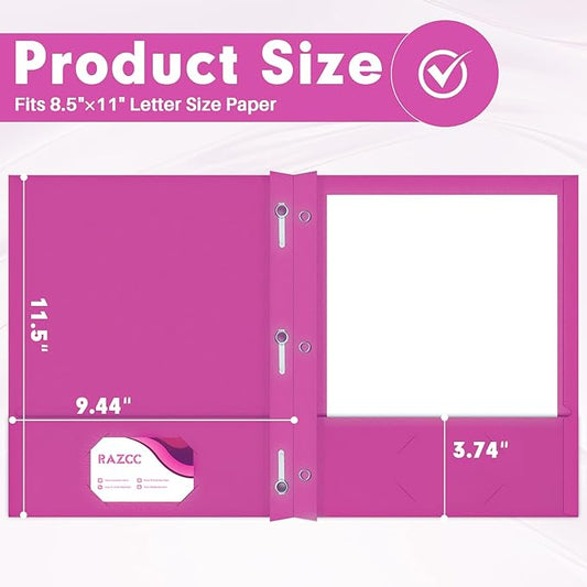 Two Pocket Folders, RAZCC 75 Pack Two Pocket Folders with Prongs, 3 Prong Folders Fit Letter Size Paper, Pocket File Folders for School Office Home Business, Rose Purple
