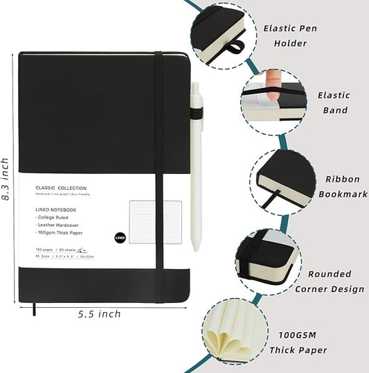 Coopay 12 Pack A5 Journal Notebook with 12 White Pens Bulk Classic Ruled Hardcover Leather Journal Set with Pen Holder for Men Women Writing Office Home School Business, 100GSM, 8.3” x 5.5” (Black)