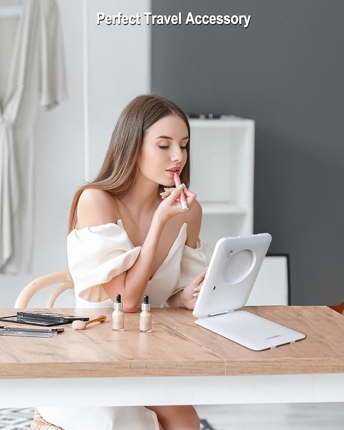 Rechargeable Travel Makeup Mirror with Lights, Portable Lighted Vanity 10X Magnification, 70 LEDs 3 Color Dimmable Touch Screen, Tabletop Folding Compact Cosmetic (Black)