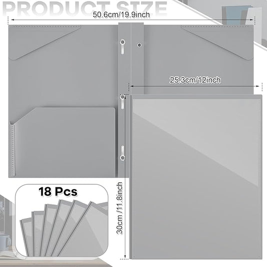 Henoyso 18 Pcs Plastic Folder with Clear Front Pocket and 3 Prong Plastic Folders with Card Slot Pocket Folders with Prongs for School Office (Gray)