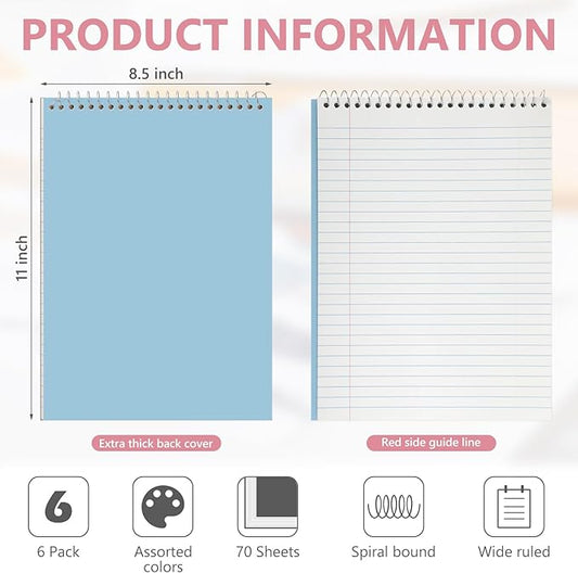 6 Pack 8.5 x 11'' Top Bound Office Steno Book Wide Ruled Double Sided Spiral Notebooks Reliable White Paper 70 Sheets/Pad Pastel Colors Covers for Writing School Notes(Earthy Color)