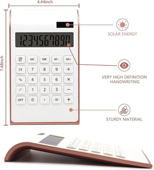 Rose Gold Calculator Office Supplies and Accessories, 10 Digits Solar Battery Basic Office Calculator, Dual Power Desktop Calculator with Large LCD Display, Pink