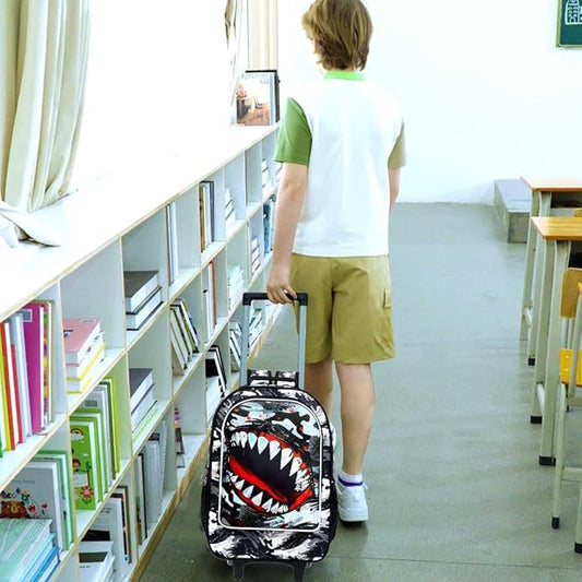 18" Shark Rolling Backpack for Boys, 3Pcs Kids School Backpacks with Wheels, Roller Bookbag with Lunch Box for Preschool Toddler Elementary(Black)