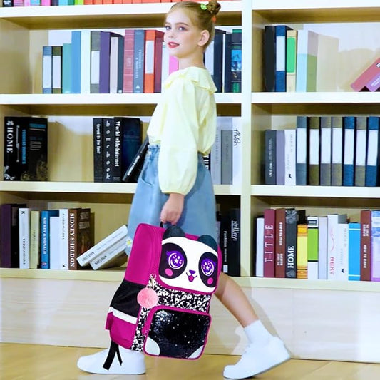3PCS Bookbag for Girls, 15" Kids Sequin Bookbag with Lunch Box, Panda School Bag Set for Elementary Preschool Toddler