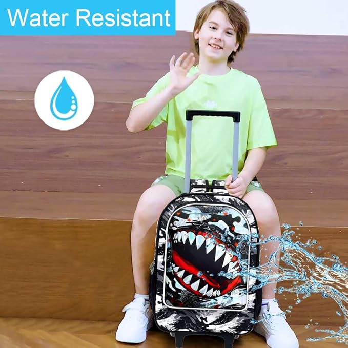 18" Shark Rolling Backpack for Boys, 3Pcs Kids School Backpacks with Wheels, Roller Bookbag with Lunch Box for Preschool Toddler Elementary(Black)