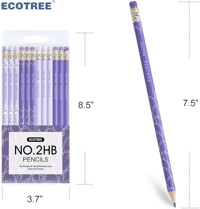 ECOTREE Pencils #2 Pre-Sharpened Pencils for Kids Number 2 Pencil with Erasers for School, Writing, 12 Count