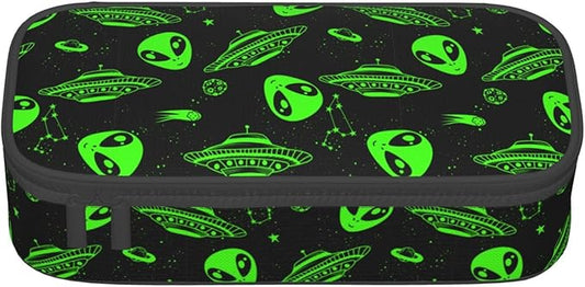 Green Ufo Alien Star Large Pencil Case With Zipper Compartments Stationery Pencil Bag For Kids Teens Students School Supplies