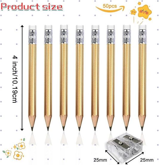 Adhere 50pcs Golf Pencils with eraser Hexagon Wooden Pencils Graphite 2B for Golf Event Scoring,Classroom,Wedding,Company Meetings,Pew, Pocket (z-Gold・Hexagon・50pcs)