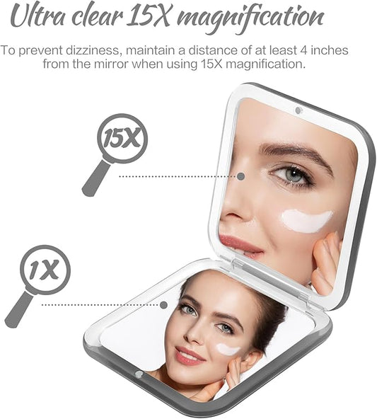 Compact Travel Small Magnifying Mirror - Snowflakes Pocket Mirror -1x/15x Magnification Cosmetic Mirrors Handheld Portable for Travel and Purses (Black)