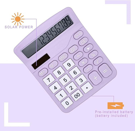 YOUHO Calculator, 12-bit Solar Battery Dual Power Standard Function Electronic Calculator with Large LCD Display Office Calculator Purple