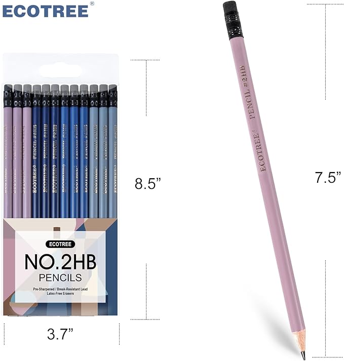 ECOTREE Pencils #2 Pre-Sharpened Pencils for Kids Number 2 Pencil with Erasers for School, Writing, 12 Count