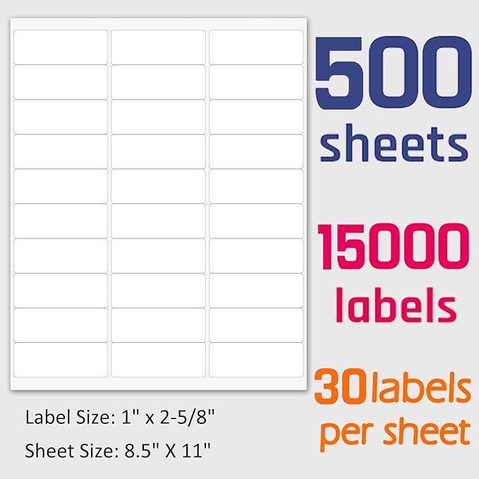 1" x 2-5/8" Shipping Address Labels 15000 Label Stickers Paper for Laser/Inkjet Printer 30 per Page Printable Mailing Labels - Matte, 500 Sheets