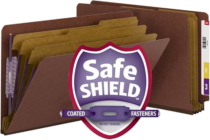 Smead 100% Recycled End Tab Pressboard Classification File Folder with SafeSHIELD Fasteners, 3 Dividers, 3" Expansion, Legal Size, Red, 10 per Box (29865)