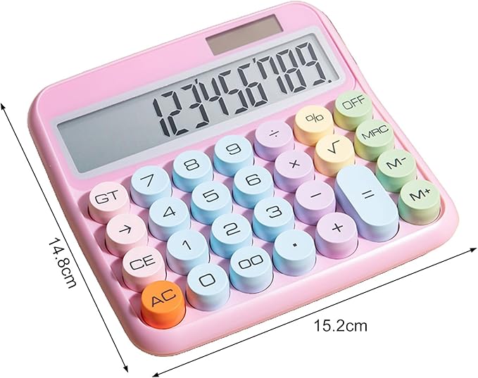 Mechanical Calculator, Cute Calculator for Daily and Basic Office, 12 Digit Display Vintage Typewriter Style Solar Powered Battery Powered Pink (not inculde Battery)