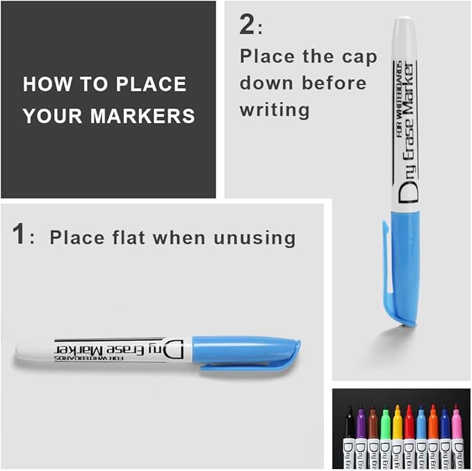 Volcanics Dry Erase Markers Low Odor Fine Whiteboard Markers Thin Box of 30, 10 Colors