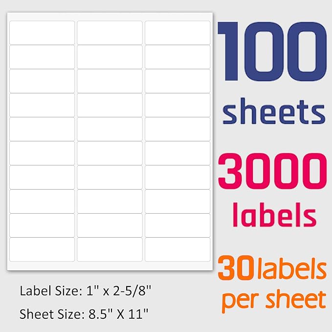 1" x 2-5/8" Shipping Address Labels 3000 Label Stickers Paper for Laser/Inkjet Printer 30 per Page Printable Mailing Labels - Matte, 100 Sheets