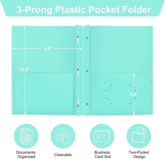 ViVin 12-Pack Pastel Color Folders, Durale Plastic Folders with Pockets and Prongs, 2 Pocket Letter Size Poly File Folders with 3-Prong Fasteners, Cute Folders for School, Home and Office(Light Green)