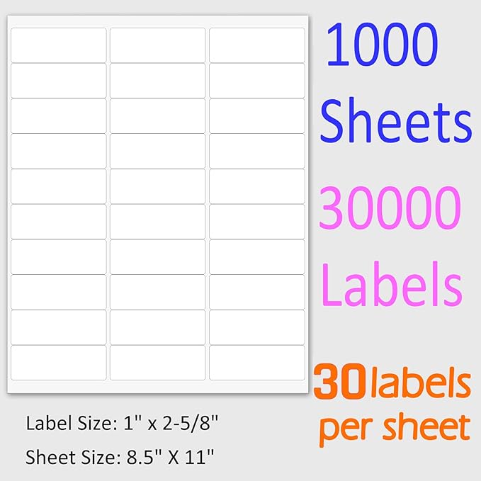1" x 2-5/8" Shipping Address Labels 30000 Label Stickers Paper for Laser/Inkjet Printer 30 per Page Printable Mailing Labels - Matte, 1000 Sheets