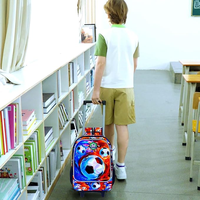 3Pcs Soccer Rolling Backpack for Boys, Kids School Backpacks with Wheels, Roller Bookbag with Lunch Box for Elementary Preschool(Ice and Fire)