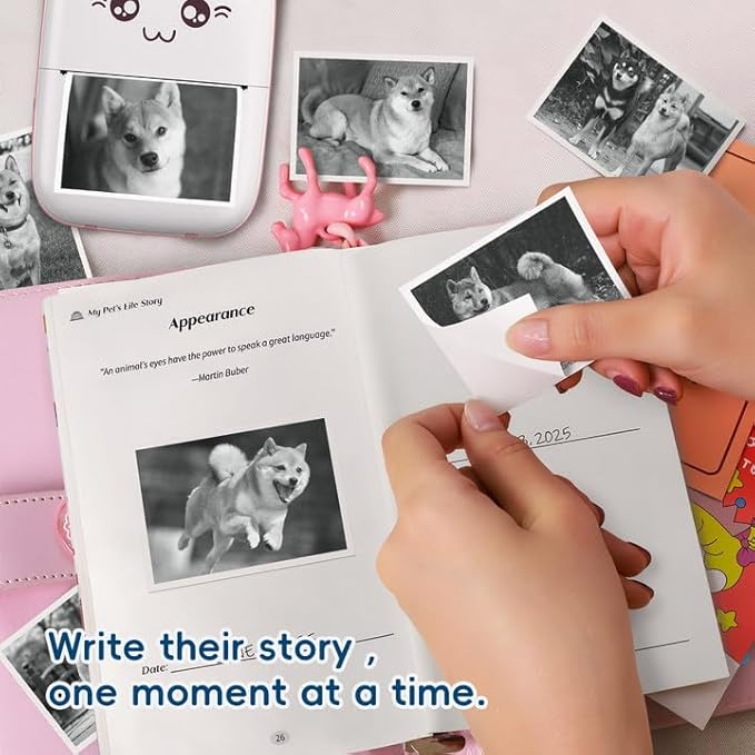 Bluetooth Mini Pet Photo Printer with Diary Book – Portable Thermal Sticker Printer for Smartphone – Includes 3 Rolls & “My Pet's Life Story” by Sean Doherty a Lifelong Animal Lover (Especially Dogs)