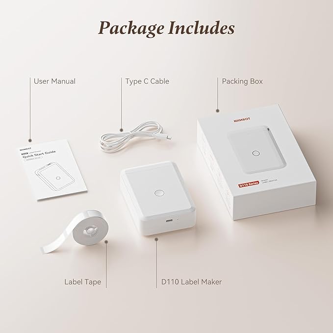 Label Maker D110 Bluetooth Thermal Label Maker Machine with Tape, Portable Inkless Label Printer Handheld & Rechargeable with Multiple Templates for Home Office, Compatible with iOS Android, White