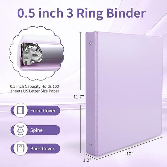 0.5 inch 3-Ring Binder, 1/2 inch Round Ring Binder with 2 Inside Pockets, Clear View Cover Binders Holds 8.5'' x 11''Paper,Pastel Color Binders for Office/Home/School Supply, 6 Pack