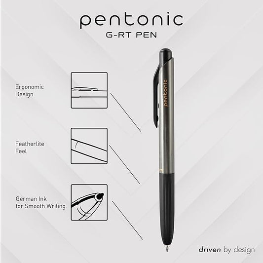 Pentonic GR-T Retractable Gel Pens, 10 Count, Black Ink, 0.7 mm Fine Point, Smooth Writing For Journaling, Note Taking, Office & School (1002363)