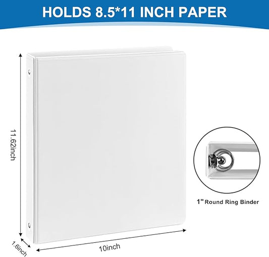 1-inch 3-Ring Binder, 1 Inch Round Ring Binder with 2 Inside Pockets, 8 Pack White Binders, Clear View Cover, Holds 8.5'' x 11''Paper for Office/Home/Back to School