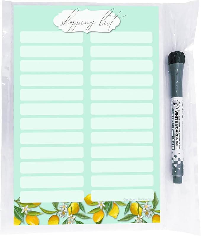 Dry Erase Shopping List Vinyl Sticker Decal Whiteboard by Glassboard Studio | Removable & Reusable | Magnetic Fine-Tip Marker Included (6 x 9 inches, Vintage Lemon)