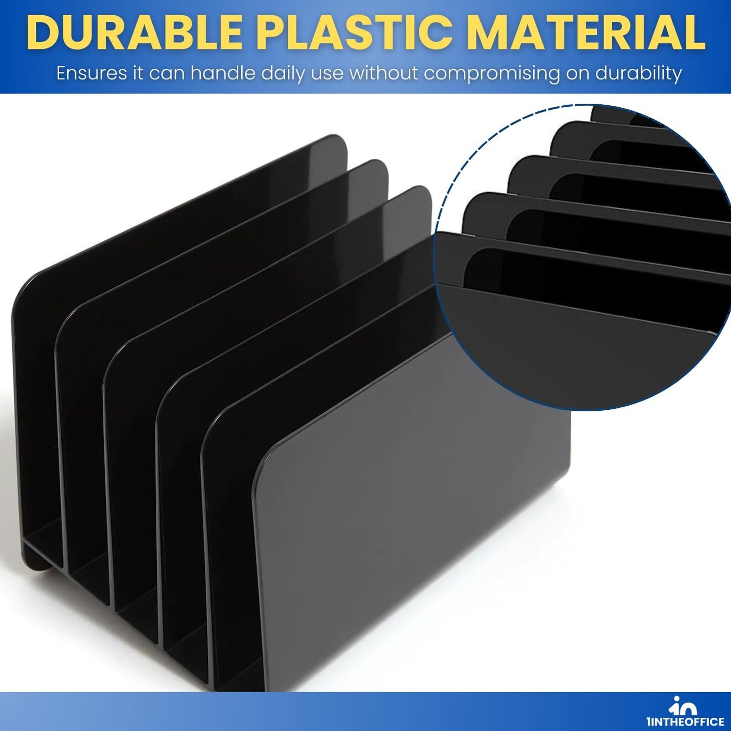 1InTheOffice Inclined File Organizer Desktop, Desk Organizer File Sorter, Plastic Incline Desktop File Sorter, 5 Compartments, Black