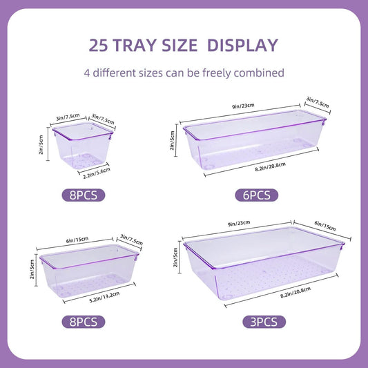 Kitchen Desk Drawer Organizers Storage for Office, Small Acrylic Vanity Trays Makeup Organizer for Drawer Bathroom Plastic Make up Organizers 25 Pcs Clear Purple