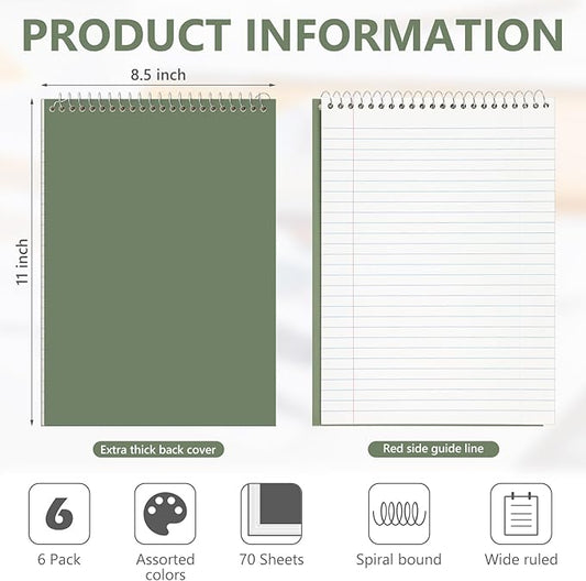 6 Pack 8.5 x 11'' Top Bound Office Steno Book Wide Ruled Double Sided Spiral Notebooks Reliable White Paper 70 Sheets/Pad Pastel Colors Covers for Writing School Notes(Classic Color)