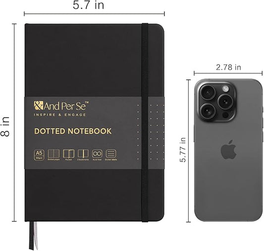 &And Per Se Dotted Journal Notebook (10 packs), A5 Hardcover Leather Bullet Dotted Journal, 160 Pages 100GSM Thick Paper, 3 Sheets of Stickers Included - 5.7'' x 8'' (Black)