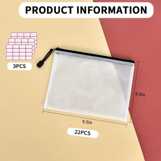 Vuzvuv A5-22 PCS 9.49"x 7.09"Mesh Zipper Pouch Set,Resistant Document File Folders Plastic Mesh Bag with Label Sticker for File, Document, Makeup, Board Game School Office Home Travel Storage