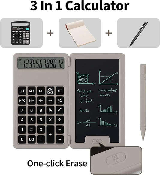 Desk Portable Basic Calculator with Notepad and Stylus, 12 Digit Large Display Multi-Function for Office, School, Home & Basic Financial (Khaki)