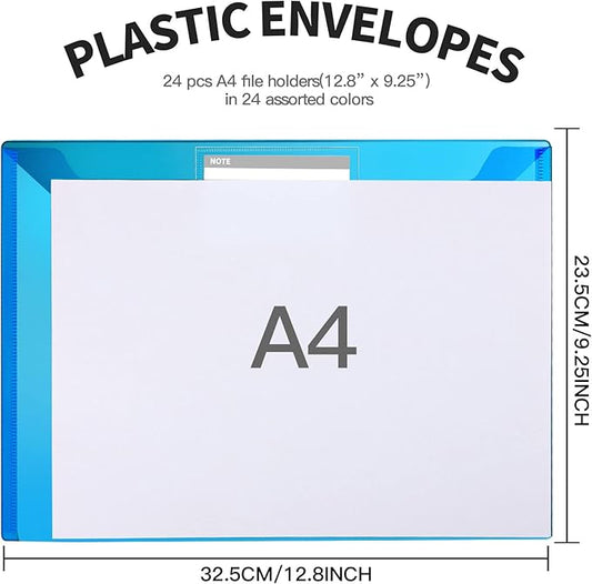 LEOBRO Plastic File Folders with Pocket, 24PCS Plastic Envelopes with Snap Closure, Folders for Documents, Reusable File Bags, A4 Size