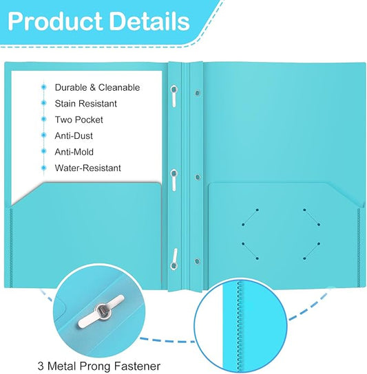Heavy Duty Plastic Folder, 60 Pack, Pocket Folder with brads, Letter Size Poly File, Plastic Folders with 3 Prongs Fasteners - Light Blue