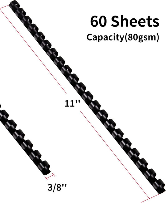 MAKEASY 100 Pack 19-Ring Letter Size Comb Binding Spines for LTR, Plastic Binding Combs, 3/8 Inch Diameter, 60 Sheet Capacity, Black Binding Combs