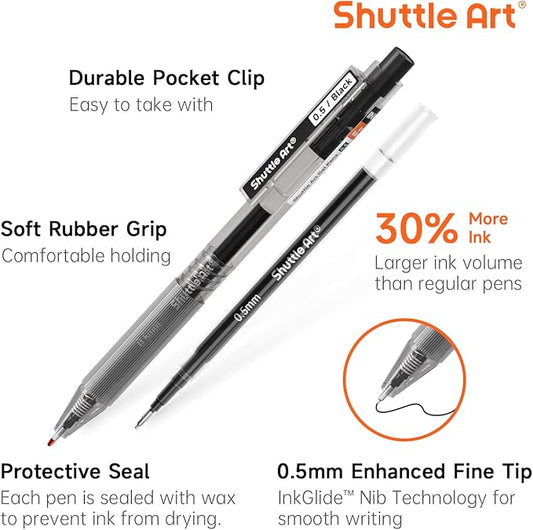 Shuttle Art Black Gel Pens, Ink Glide Series 15 Pack Retractable 0.5mm Fine Point Rollerball Gel Ink Pens Quick Drying Waterproof Smooth Writing with Comfortable Grip for Office School and home