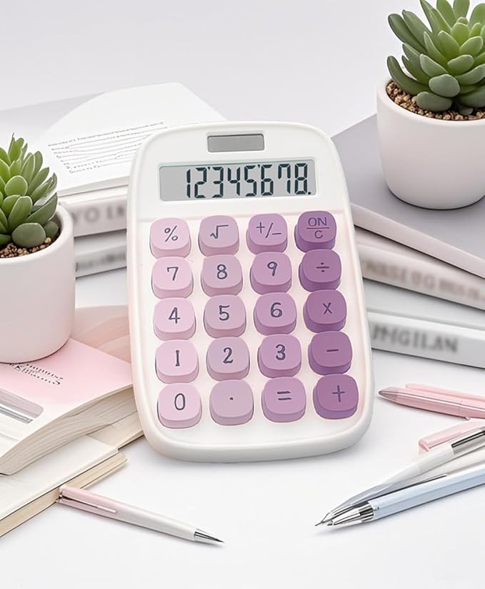 Mechanical Calculator, Cute Calculator with Dual Power 8 Digit Tilt Screen and Big Button for Teachers Students Basic Office (White and Purple)