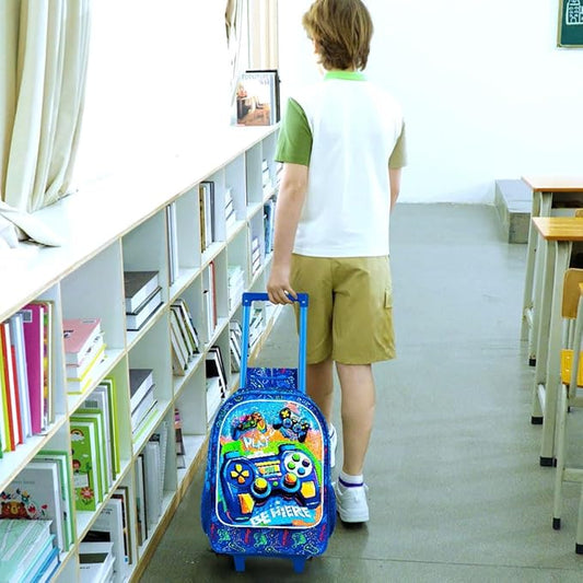 3Pcs Gamer Rolling Backpack for Boys, Kids School Backpacks with Wheels, Roller Bookbag with Lunch Box for Elementary Preschool(Blue)