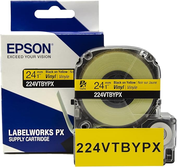 Epson LABELWORKS 224VTBYPX Genuine Tape Cartridge - Black on Yellow Flexible and Durable Vinyl Industrial Label Maker Tape - 1" (24MM) Wide, 22.9 ft