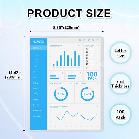 HOUYEE 100 Pack Heavy Duty Clear Document Folder, L-Type Folder Plastic Paper Sleeve Copy Safe Project Pockets Fit for Letter Size Paper, for Home, Office, and School Use