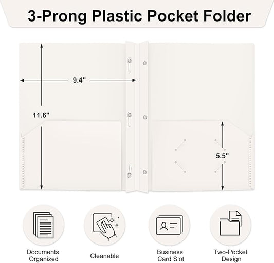 ViVin 12-Pack Sturdy Plastic Folders with Pockets and Prongs, 2 Pocket Folders with 3-Prong Fasteners, Holds 8.5 * 11 Letter Size Paper, for School, Home and Office (White)