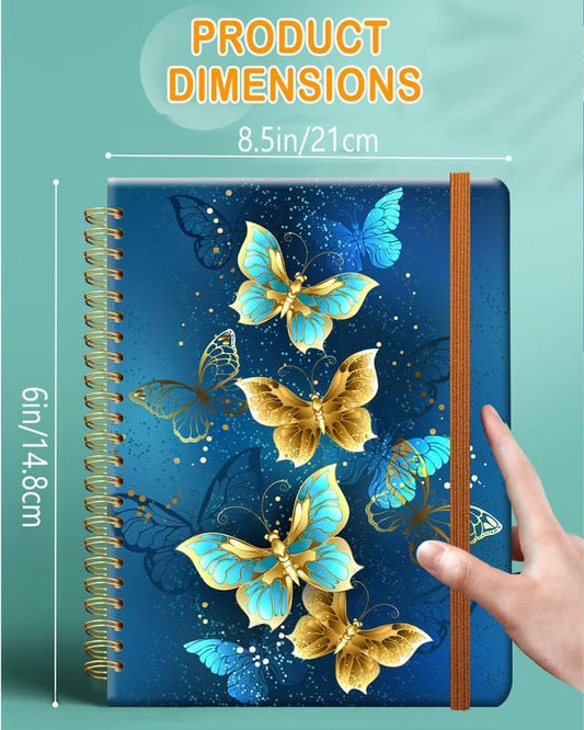 Ruled Spiral Writing Notebook,A5 Hardcover Lined College Journal for Women Lady Girl,Strong Twin-Wire Binding with Premium Paper,8.4" X 6",Perfect for School,Office,Home Gifts(Blue Gold Butterfly)