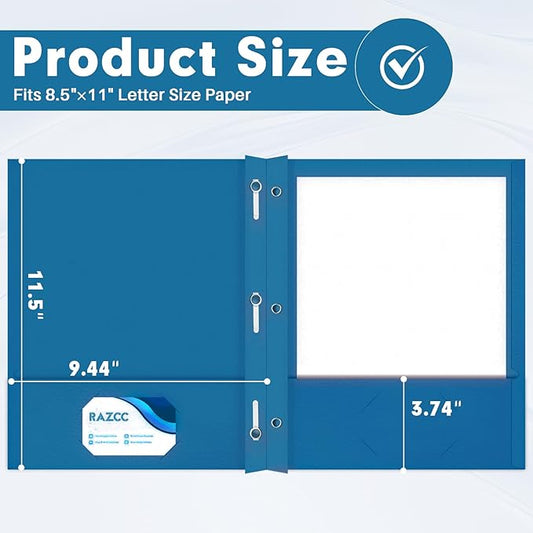 Two Pocket Folders, RAZCC 50 Pack Two Pocket Folders with Prongs, 3 Prong Folders Fit Letter Size Paper, Pocket File Folders for School Office Home Business, Dark Blue