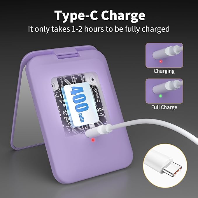 Kintion 2025 Pocket Mirror, Rechargeable Dimmable 3 Color Lighting 1X/3X LED Compact Travel Makeup Mirror for Purse, Portable, Folding, Handheld, Small Lighted Mirror for Women Gift, Purple